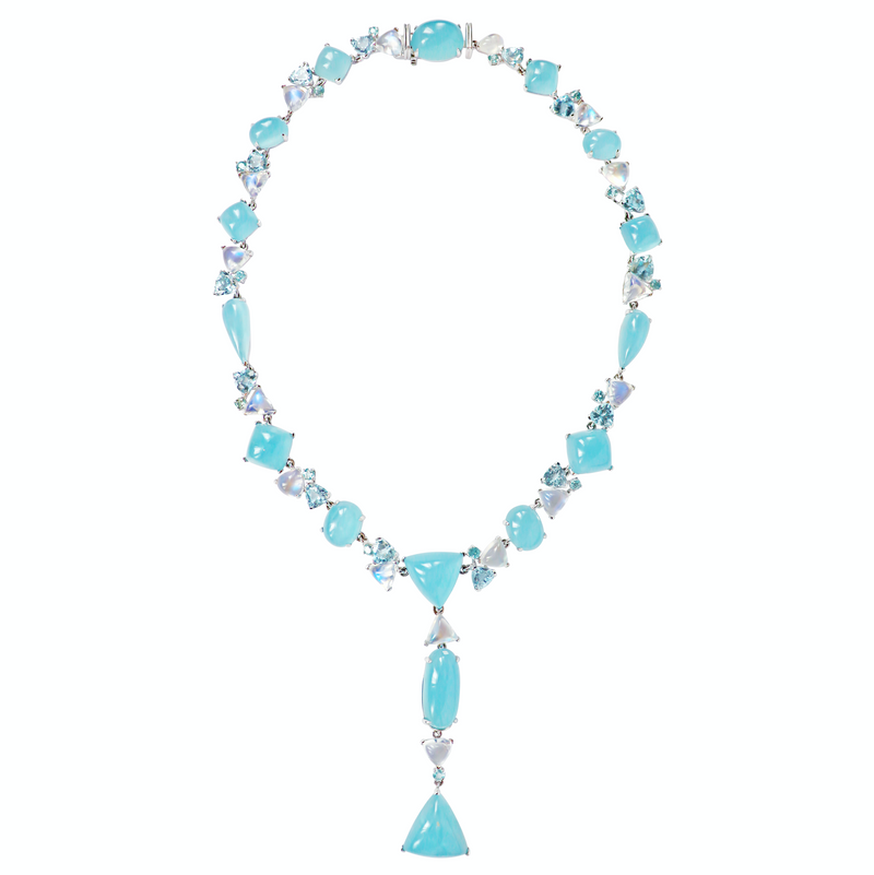 Handmade Aquamarine, Blue moonstone and Diamond Necklace with Detachable Pendant