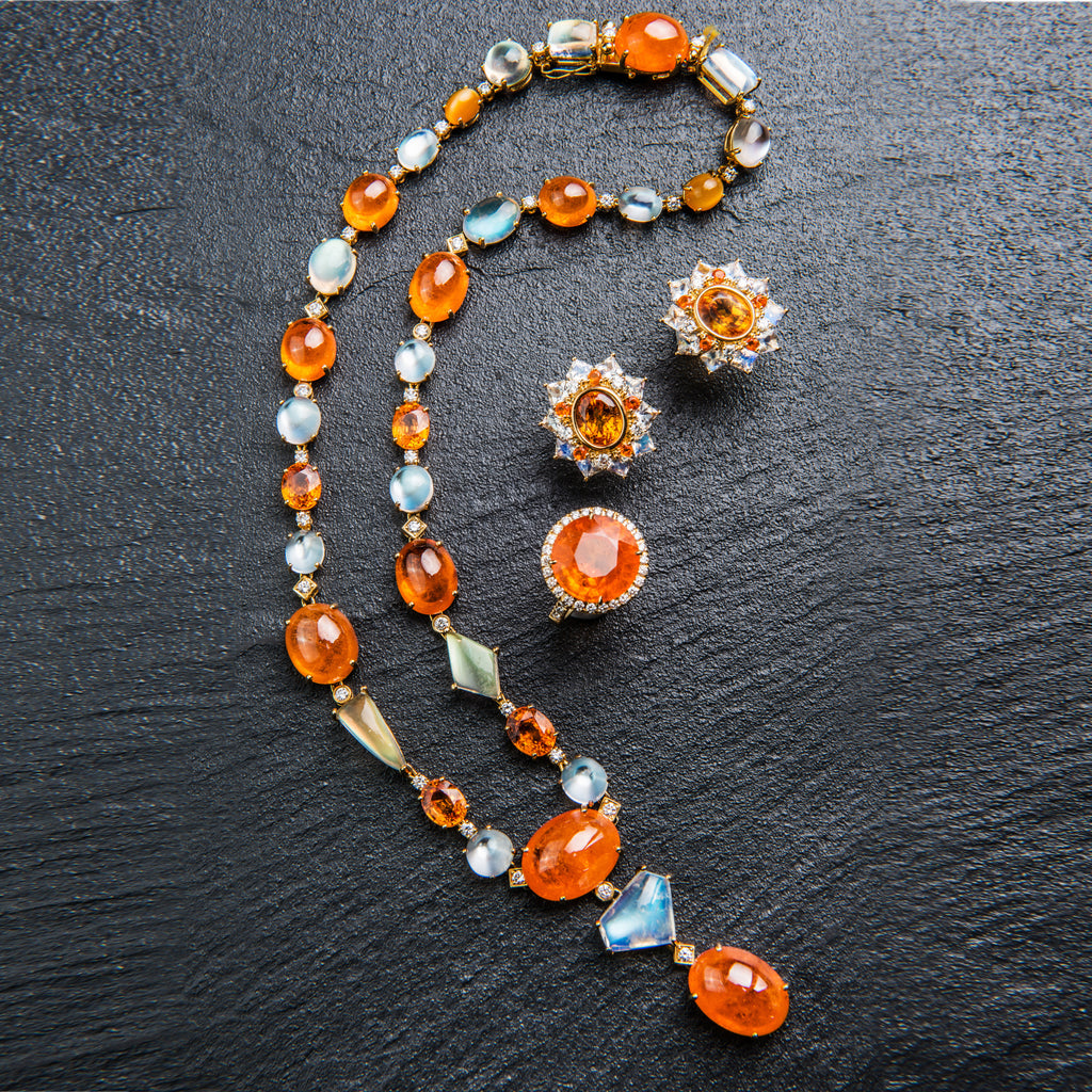 Spessartite Garnet, Moonstone and Diamond Necklace